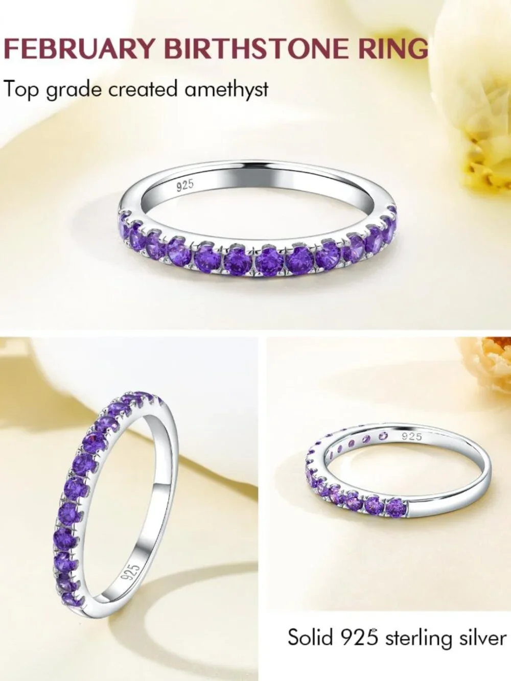 Elegant Amethyst Wedding Band - 925 Sterling Silver Thin Stackable Ring, Size 6